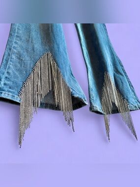 Embellished Blue Women's Jeans with Rhinestone Fringe